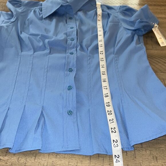 NWT Peplum Stretch Blouse with Puff Sleeves in Fantasy Blue by Apt 9 Petite - Picture 10 of 17